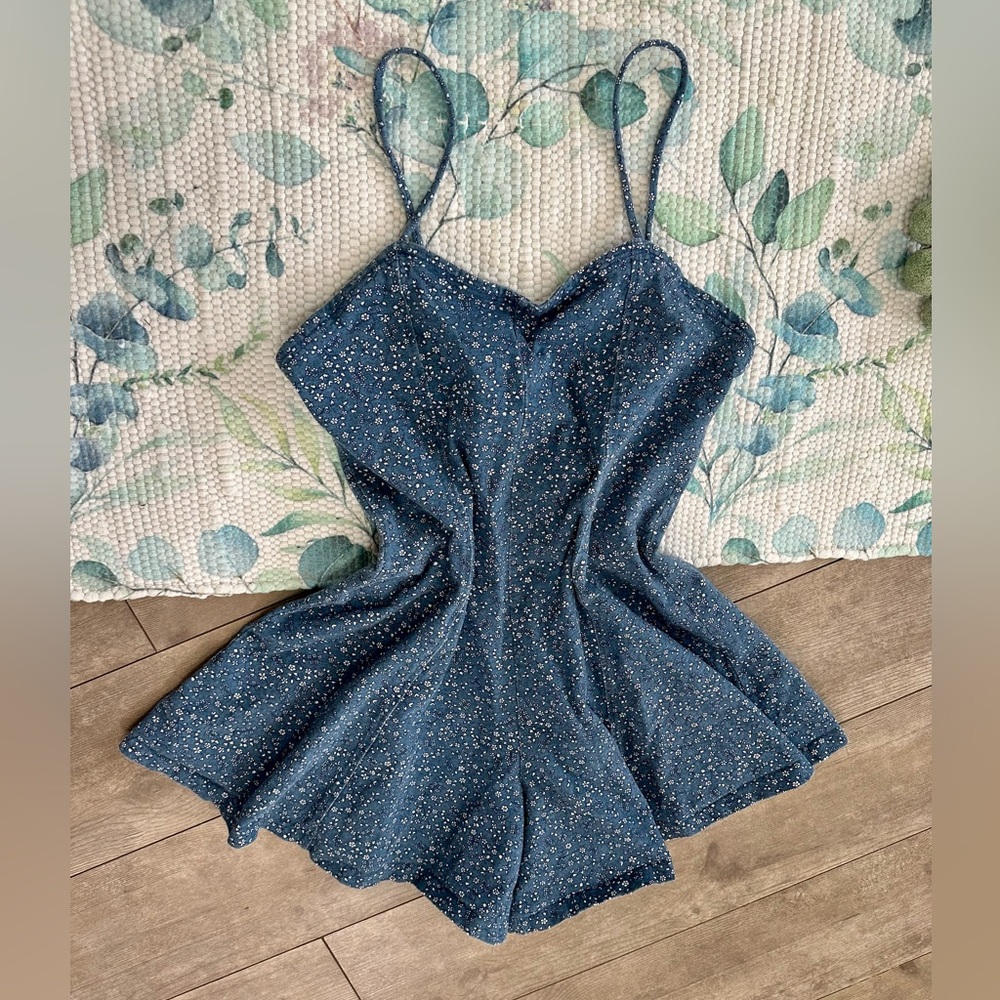 American Vintage Women's Blue and White Playsuit-romper Size Large